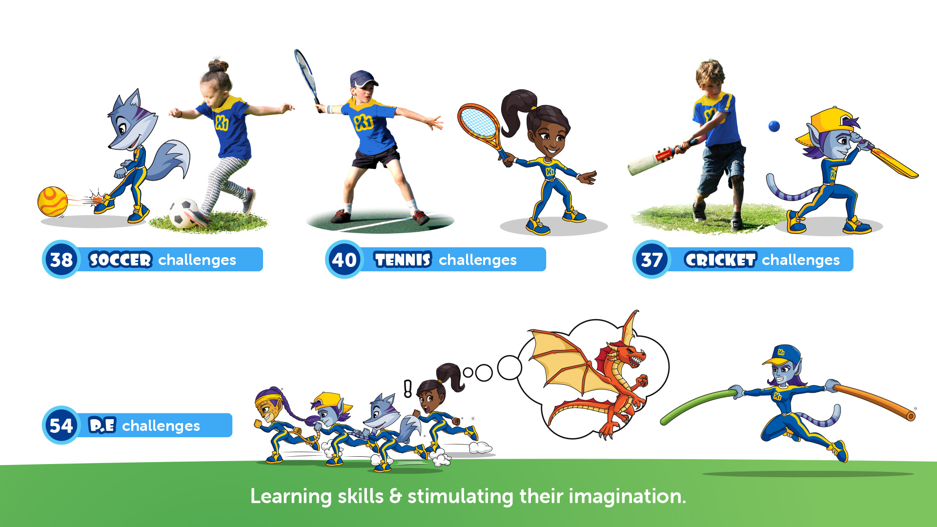 X1 Kids characters demonstrating soccer, tennis, cricket and P.E. challenges